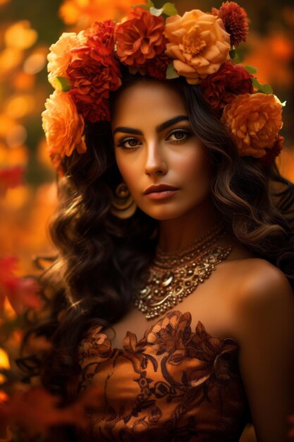 photo of emotional dynamic pose Mexican woman in autumn