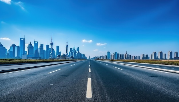 Photo empty asphalt road with cityscape