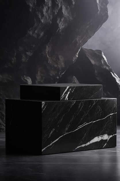 photo empty black stone product display stage 3d background with frame rock podium stand dark textur