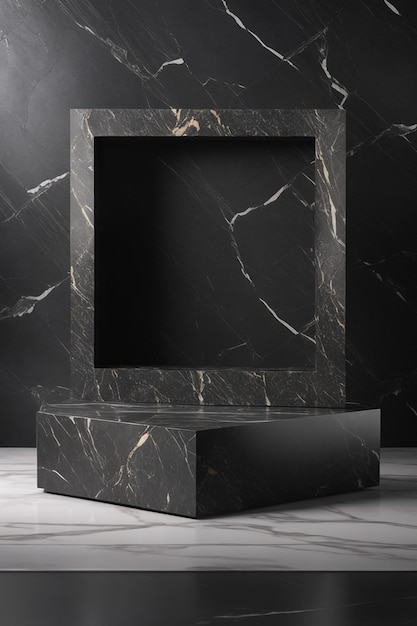 photo empty black stone product display stage 3d background with frame rock podium stand dark textur