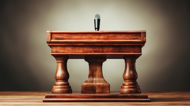 Photo of empty conference room with microphones and blank billboard