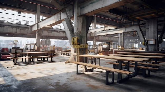 A photo of an empty construction workers lunch area