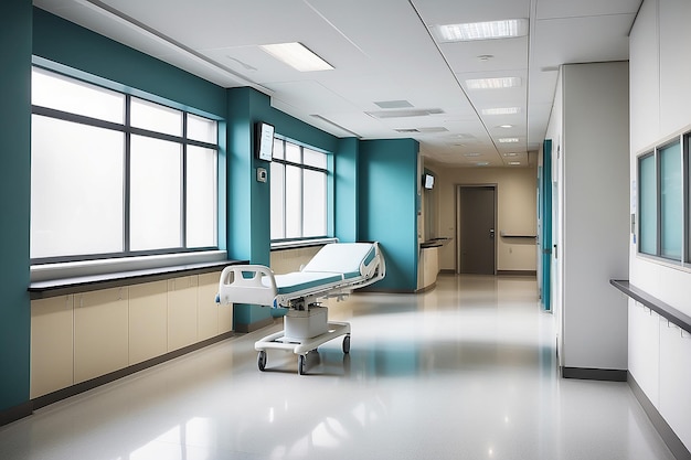 Photo empty corridor in modern hospital with information counter and hospital bed in rooms