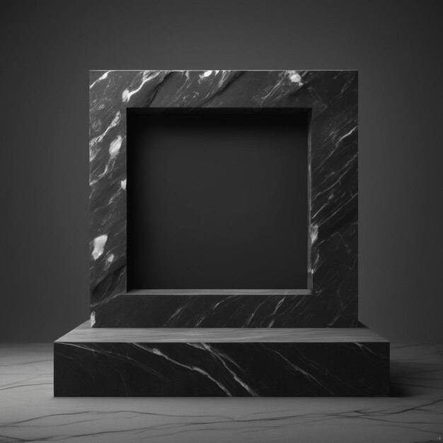 photo empty Golden black stone product display stage 3d background with frame rock podium stand dark