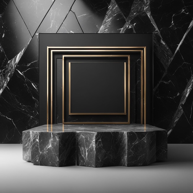 photo empty Golden black stone product display stage 3d background with frame rock podium stand dark