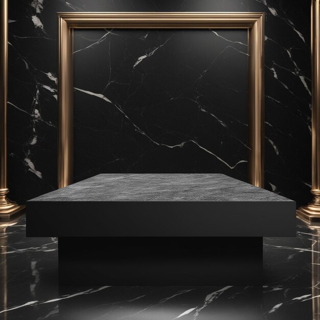 photo empty Golden black stone product display stage 3d background with frame rock podium stand dark