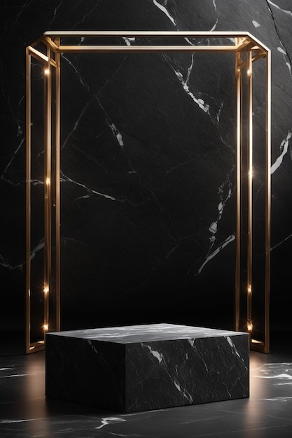 photo empty Golden black stone product display stage 3d background with frame rock podium stand dark