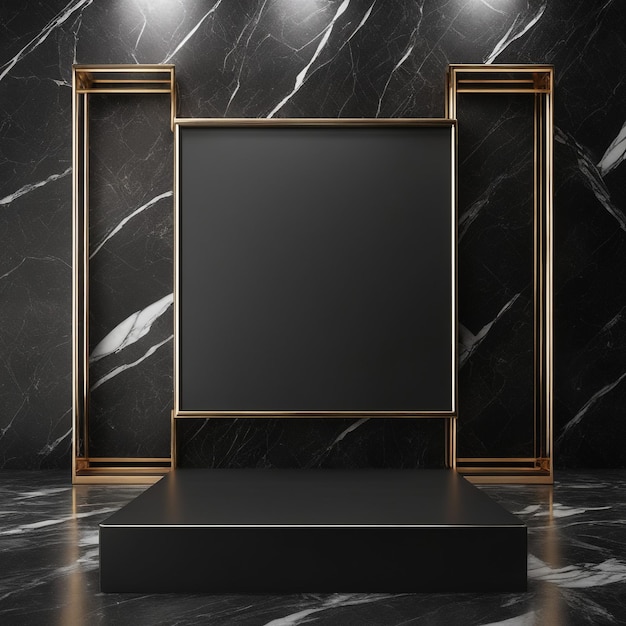 photo empty Golden black stone product display stage 3d background with frame rock podium stand dark