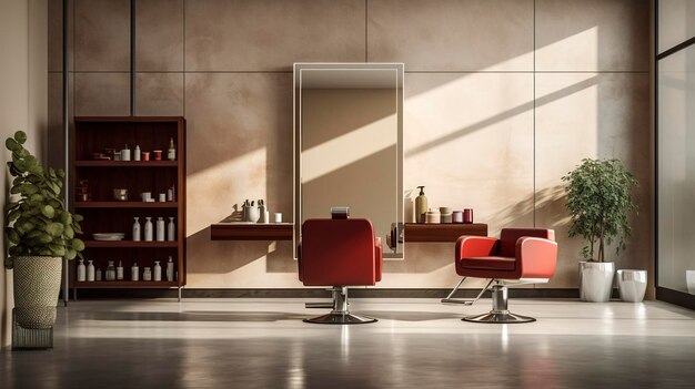 A photo of an empty hair salon styling station