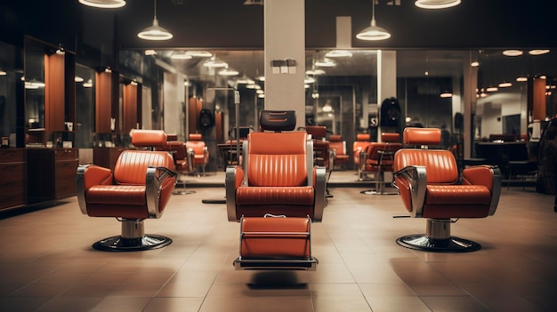 A photo of an empty hair salon with stylish salon chair