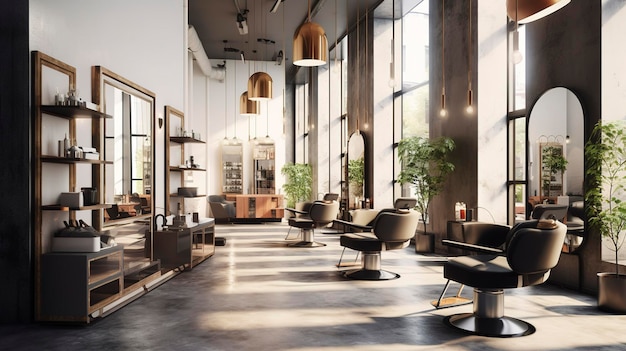 A photo of an empty hair salon with trendy decor