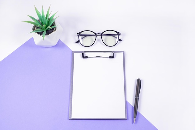 Above photo of empty notebooks green plant glasses and pen on color background