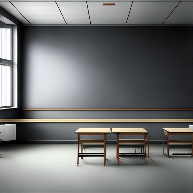 Photo of an empty room with tables and chairs in front of a large window