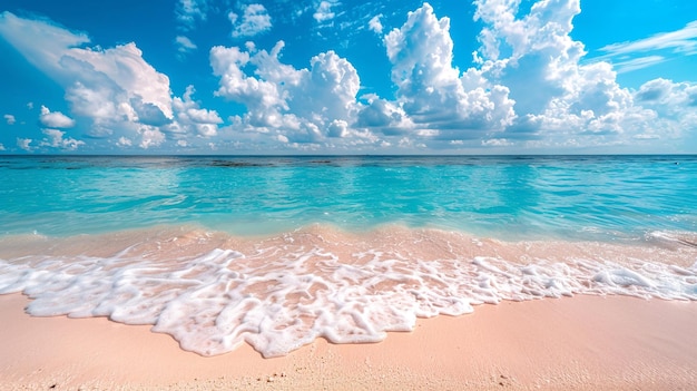 Photo of empty sandy beach with azure sea and small waves Summer rest concept in exotic places