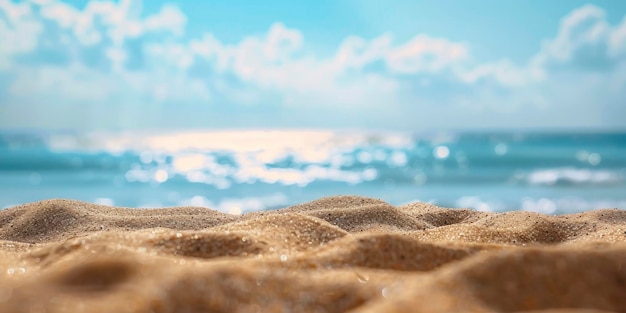 A photo of an empty sandy beach with the ocean in the background blue sky blurred bokeh effect closeup shot