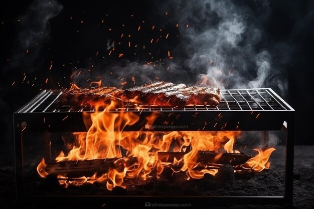 Фото Фото пустая стальная решетка для барбекю с пламенными искрами огня и дымом на черном фоне