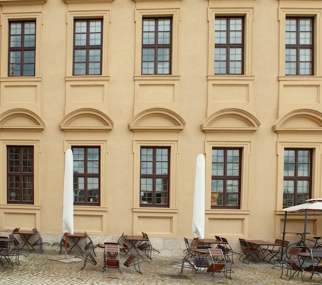 Photo of an empty street cafe in Germany.