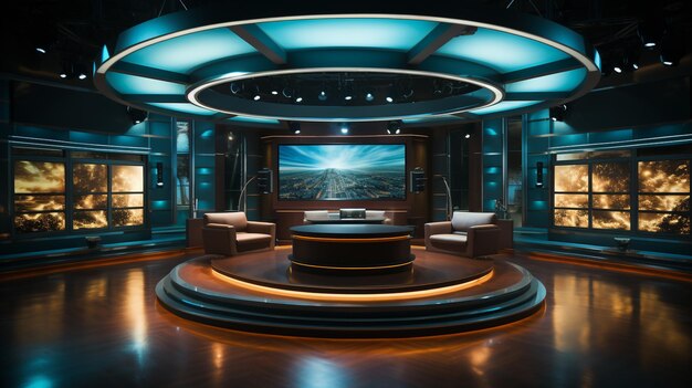 Photo of empty television studio broadcast room with professional camera