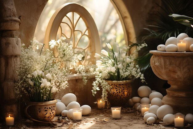 Photo photo of empty tomb with cascading white flowers and soft candlelight easter palm good friday art