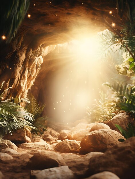 Photo photo of empty tomb with a stone rolled away and rays of light pourin easter palm good friday art