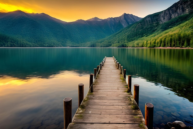 photo empty wooden dock in a lake during a breathtaking sunset a cool background Peaceful