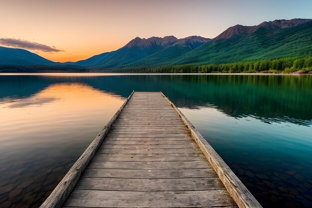 Foto foto di un molo di legno vuoto in un lago durante un tramonto mozzafiato uno sfondo fresco paesaggio pacifico