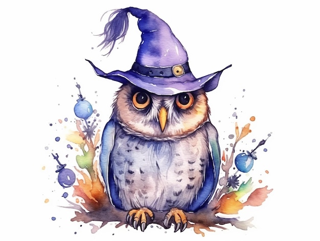 Photo Enchanted Owloween Cute Owl with Witch Hat Watercolor Clipart White Background