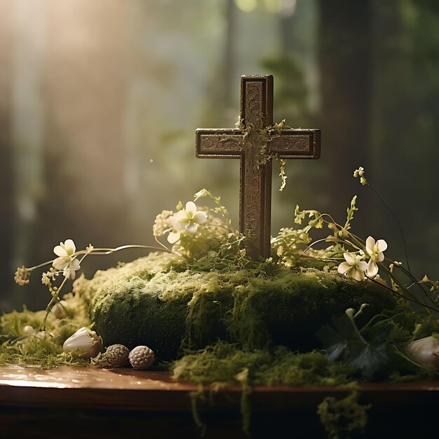魅惑の森の神聖な十字架と苔で覆われたヤシの葉の写真 聖金曜日のパームサンデーアート