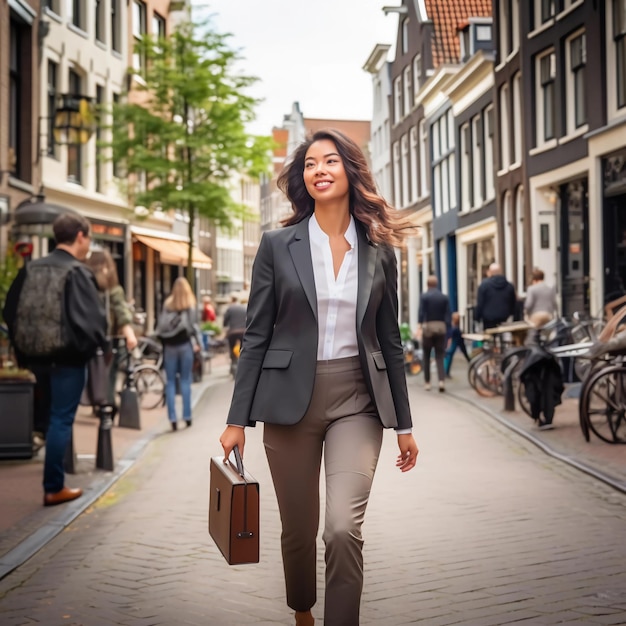 Photo of an energetic business woman briskly walking through the narrow streets of Amsterdam