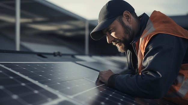 A photo of an engineer inspecting solar panels