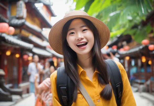 写真に熱心な女の子 旅行者 アジアの観光客