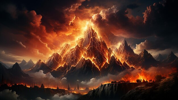 Photo erupting mountain spews fiery ash into the sky generated by ai