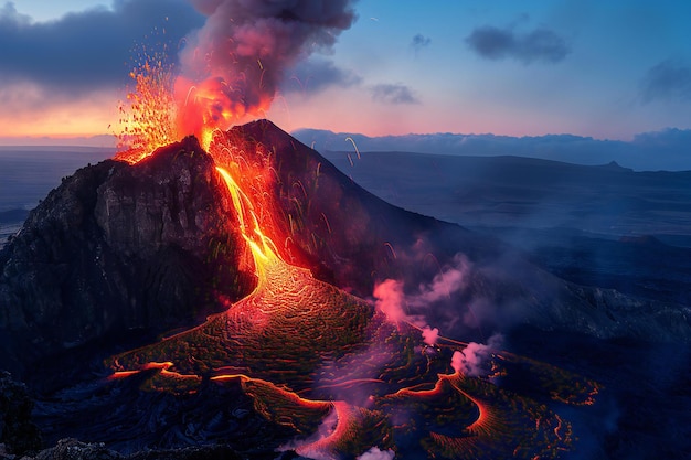 photo of an erupting volcano at night glowing red lava flowing down the side of its head and smoke