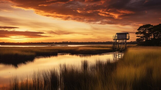 A photo of an estuary with a wooden observation tower expansive wetlands
