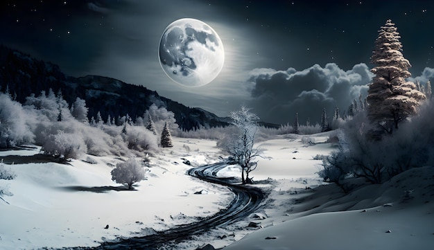 Фото неземного снежного пейзажа под звездным небом и полной луной