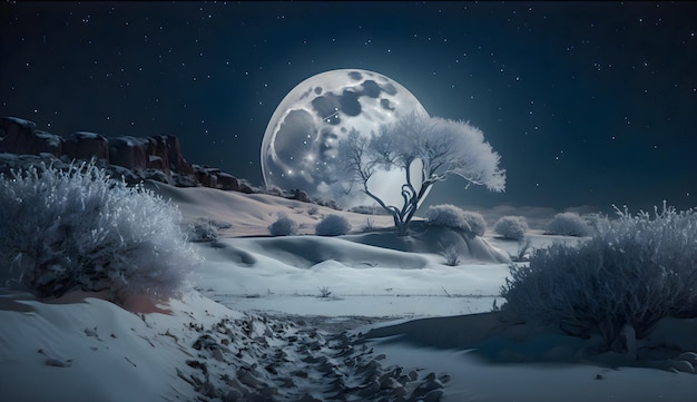 星空と満月の下の幻想的な雪景色の写真 ai generated