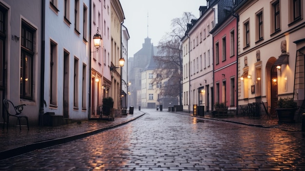 Photo a photo of a european city with cobblestone streets soft overcast light