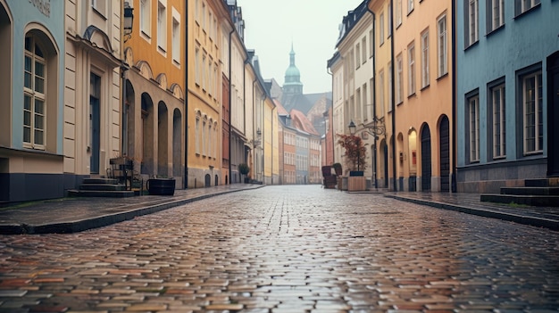 Фотография европейского города с мощеными улицами, мягким пасмурным светом.