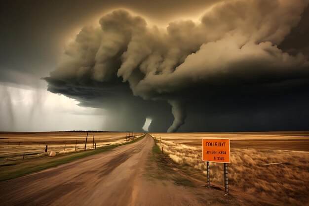 Foto foto di segnali di rotta di evacuazione con nuvole di tempesta in t