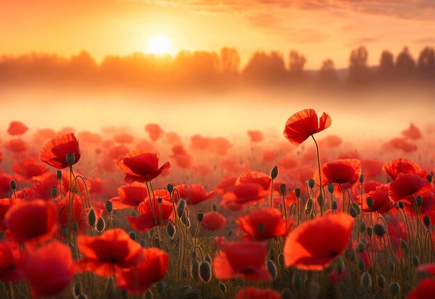 Photo of evening sunset with beautiful poppy flower field lavender flowers