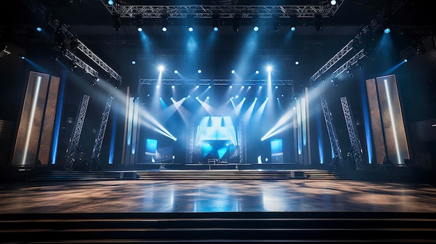 イベント会場のステージと照明設備の写真