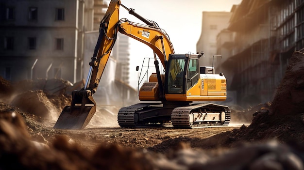 A photo of an excavator digging into a construction site