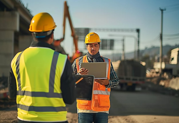 Photo of excavator working in construction site man with installing brick wall