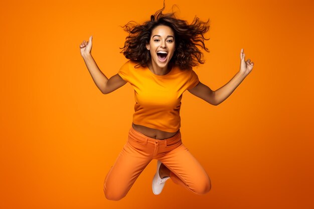 Photo of excited adorable school girl wear pink tshirt smiling jumping high isolated yellow color b