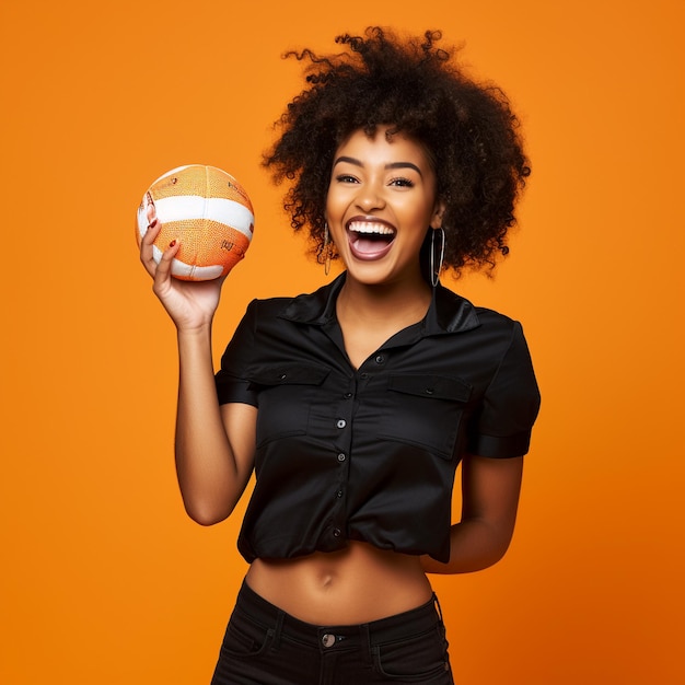 Photo of excited black girl holding a ball