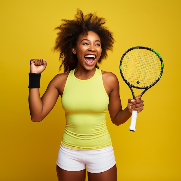 Photo of excited black girl holding a tennis racquet