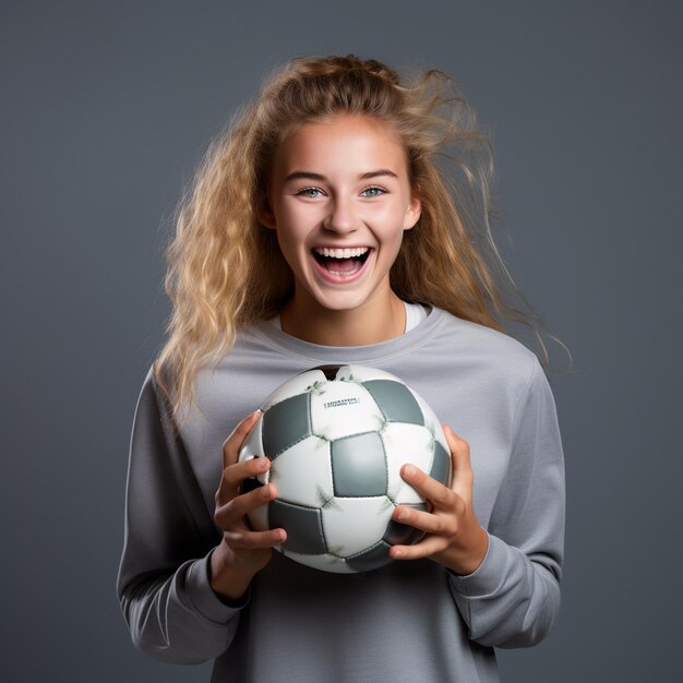 Photo photo excited caucasian girl holding football isolated on a colorful wall