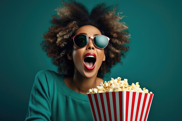 Photo of excited funky lady with popcorn in glasses ai generated