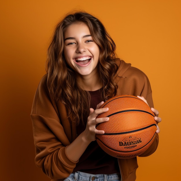 photo excited girl holding basketball isolated on brown color wall