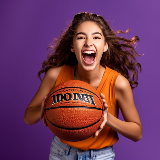 photo excited girl holding basketball isolated on purple color wall